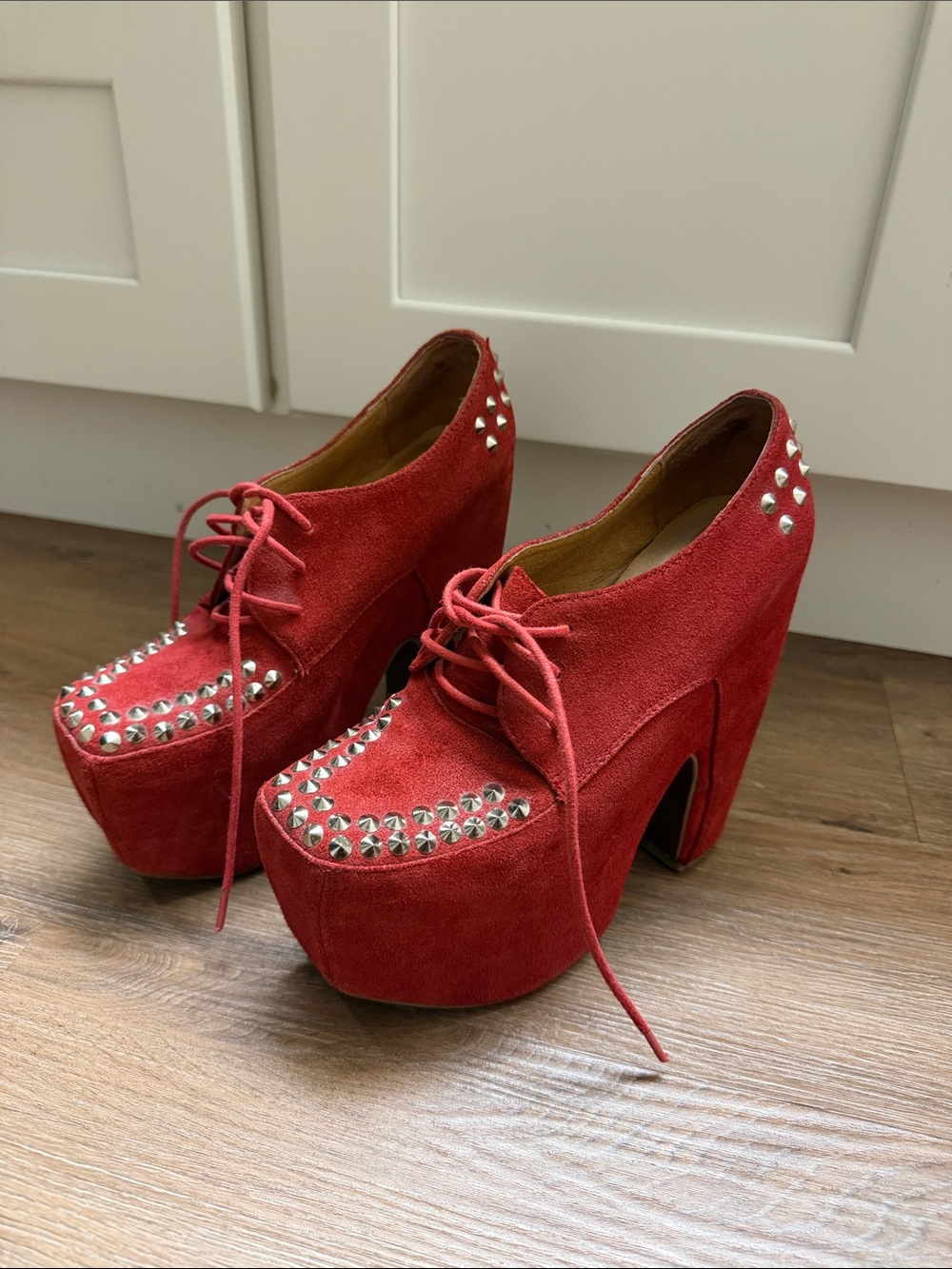 Jeffrey Campbell Red Studded Suede Platform Lace-Up Heels